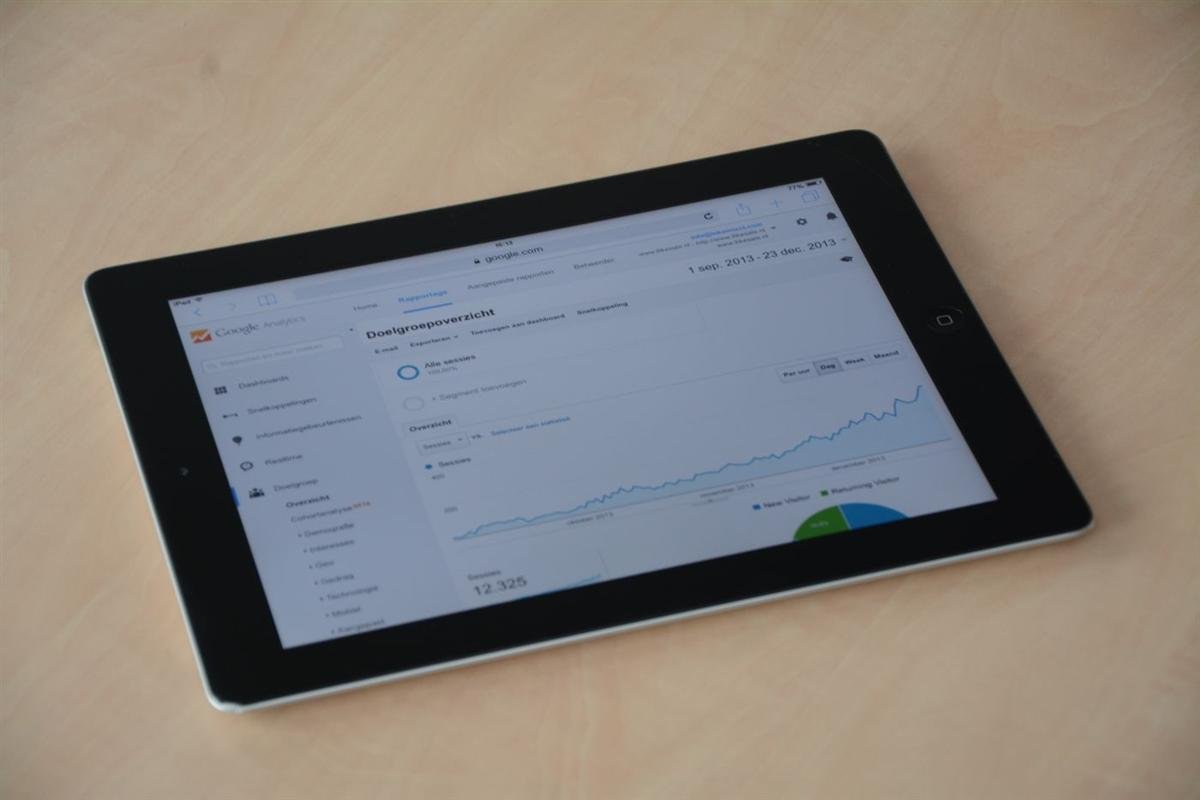 Digital tablet displaying a web analytics dashboard with graphs and charts